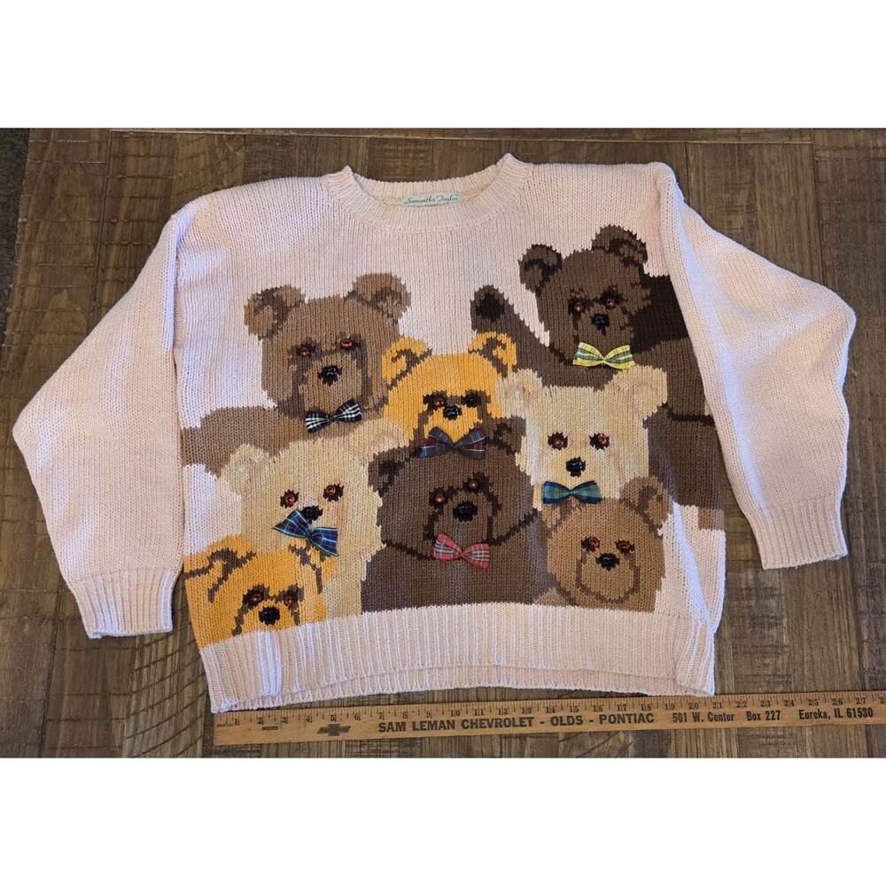 Vintage AOP Samantha Taylor Sweater Bear Graphic Print Knit Women Size XL